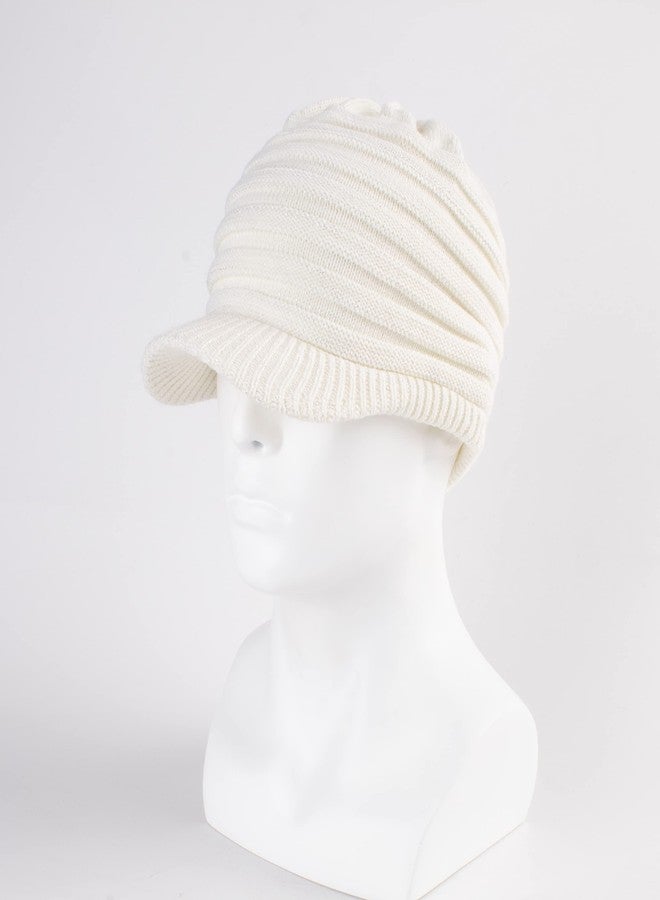 LANGZHEN Unisex Winter Hats with Visor Warm Ski Hat Stylish Knitted Hat for Men and Women(Off-White -Striped) - Image 2